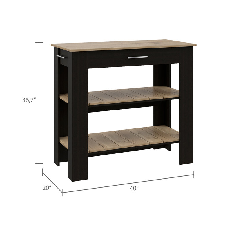 Kitchen Island 37" H, Two Open Storage Shelves, One Drawer, Four Legs,Towel Hanger, Black / Light Oak