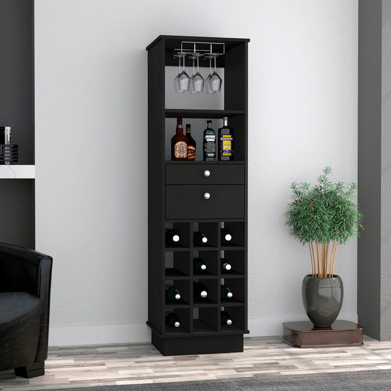 Wengue 12-Bottle 2-Drawer 1-Shelf Bar Cabinet