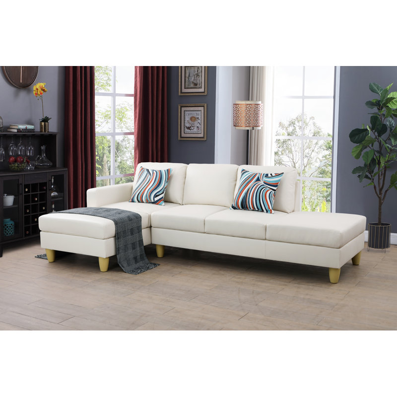 Ensemble de canapé et fauteuil en L en similicuir blanc, Similicuir crème / blanc, Face à la gauche