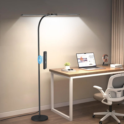 2-Light Adjustable Gooseneck LED Floor Lamp, 14W Modern Eye-Caring Standing Lamp with Gesture & Remote Control