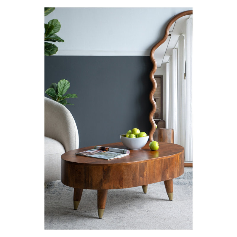Table basse ovale en bois avec pieds en fer, L 39 po x l 24 po, bois de manguier et métal, brun
