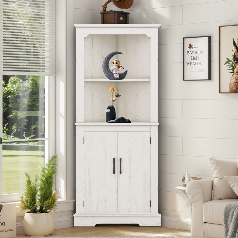 69.28" H 2 - Door Accent Corner Cabinet with Open Shelf, Beige 