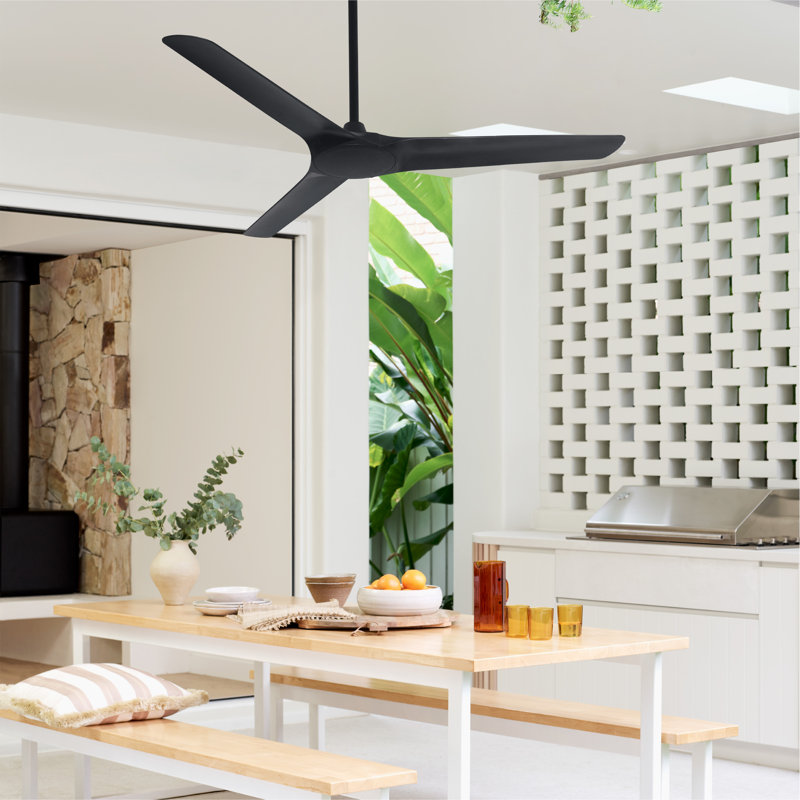 Ventilateur de plafond extérieur de 56 pouces avec télécommande, étanche IP66, noir moderne, moteur à courant continu écoénergétique.