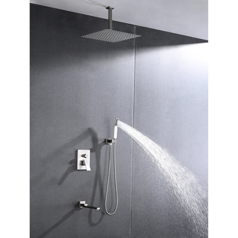 Brushed Nickel Shower System For Ceiling Mount - 16" Head With Handheld Natural Feeling Self-cleaning Nozzle Coincident American Standard Pipe Connections Bathroom