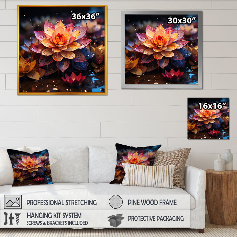 Fleurs de lotus dansant sous la pluie I, Toile tendue, H 24 po x l 24 po x P 1 po
