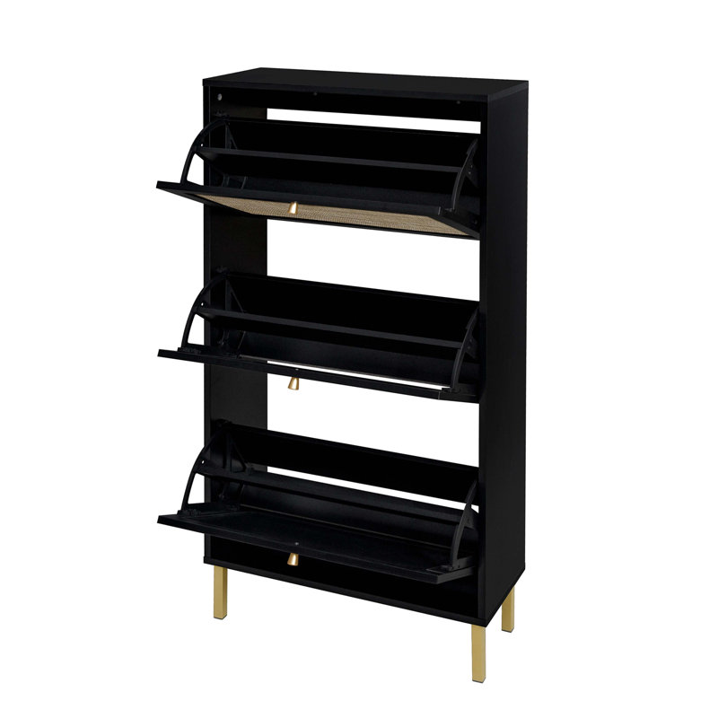 Rattan 3 Door Shoe Rack, Freestanding Modern Shoe Storage Cabinet, For Entryway, Black