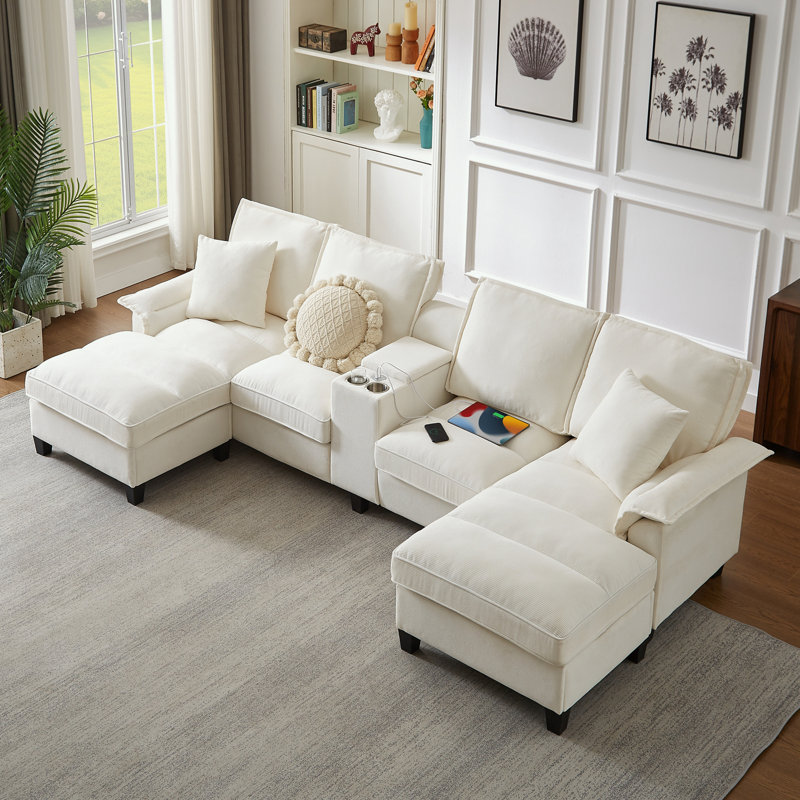Canapé modulaire en velours côtelé avec rangement sous le siège et porte-gobelet, Velours côtelé beige