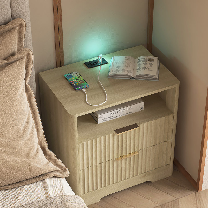 Table de chevet avec station de charge, table de chevet intelligente avec veilleuse, tables de chevet avec armoire de rangement pour la chambre à coucher, bois