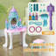 Ensemble de coiffeuse pour enfants avec miroir et tabouret, table de maquillage Castle Design avec lumière, musique, sèche-cheveux, 18 accessoires, jouets pour filles pendant 3 à 6 ans