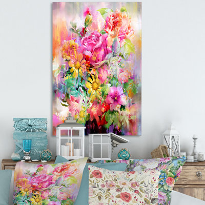 Rétro fleurs multicolores printanières - art mural traditionnel sur toile