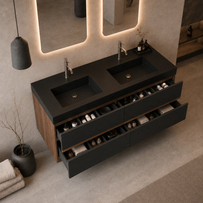 Meuble-lavabo flottant mural de 60 po avec lavabo intégré à finition brillante, fabrication en bois franc de qualité supérieure et tiroirs à fermeture en douceur - pré-assemblé