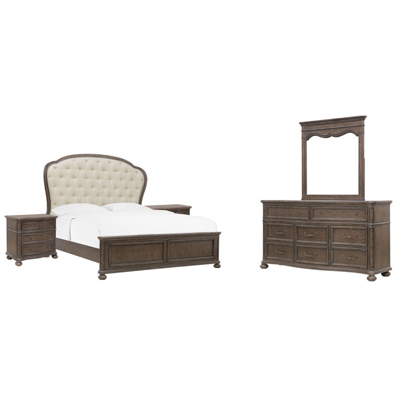 Lit King capitonné à panneaux, commode et miroir pour célibataire, Cinq pièces : Lit, 2 tables de chevet, commode, m