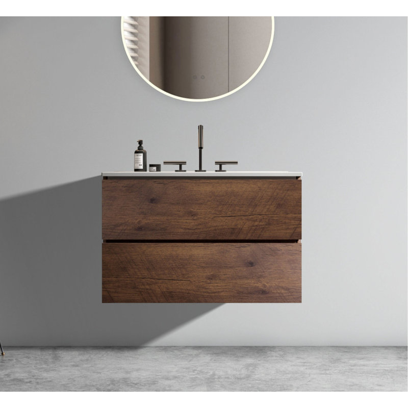 Wall Mount Floating Walnut Bathroom Vanity with White Ceramic Sink, Pre-Drilled 3 Faucet Holes, Handleless Cabinet with DTC Soft Close Drawers