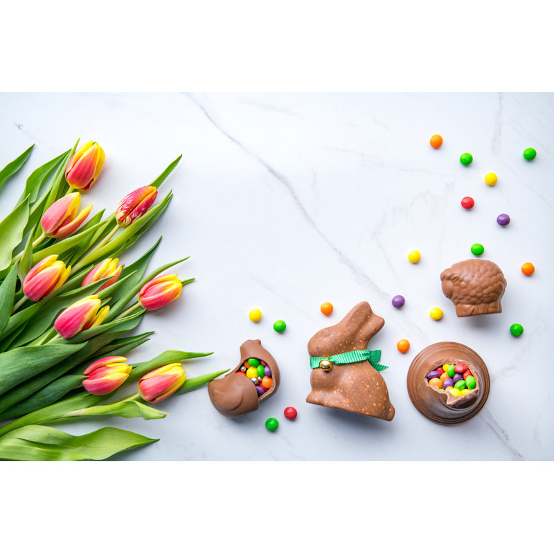 Chocolate Easter Bunny And Sweets On White Marble Background. by Black Lollipop - No Frame Print on Canvas, 81cm H x 122cm W