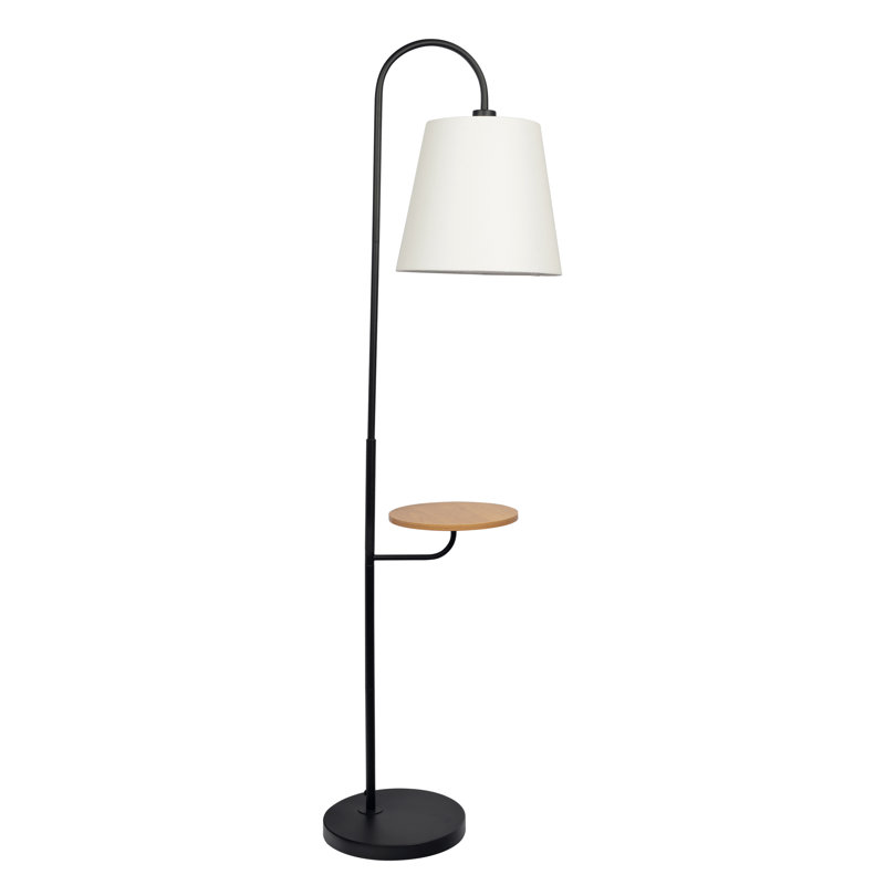 Lampe sur pied noire avec table en bois intégrée et interrupteur rotatif