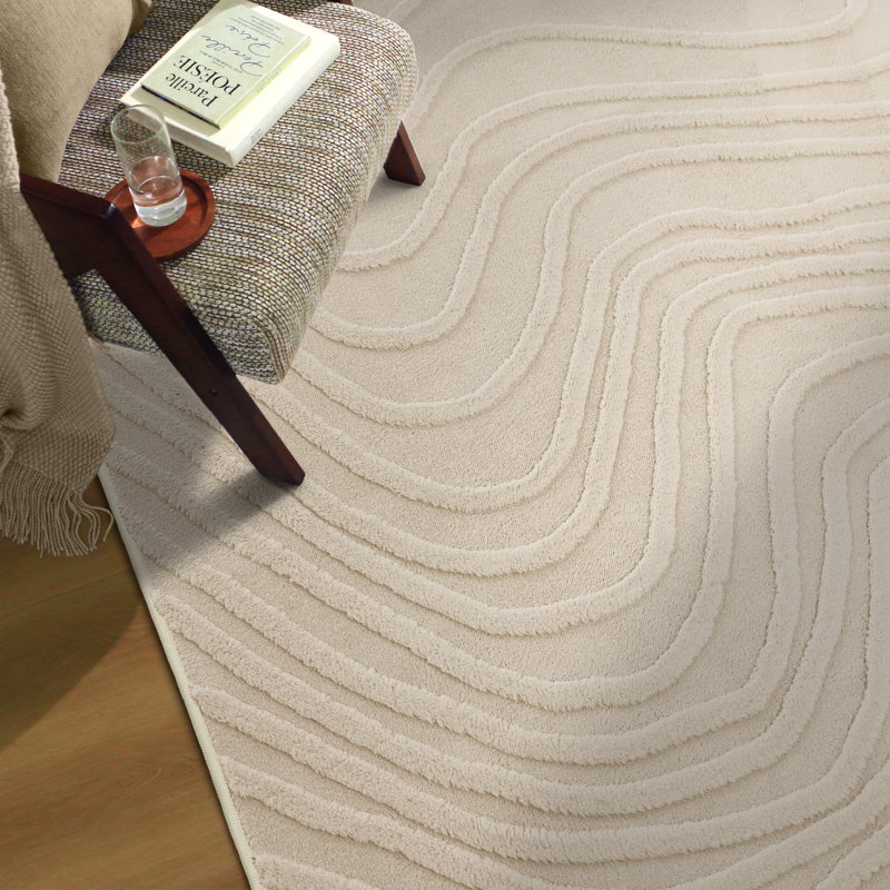 Liverpool Solid Wave High Low Pile Soft Plush Textured Washable Non-Slip Beige Indoor Area Rug, Rectangle 5' x 8', Beige