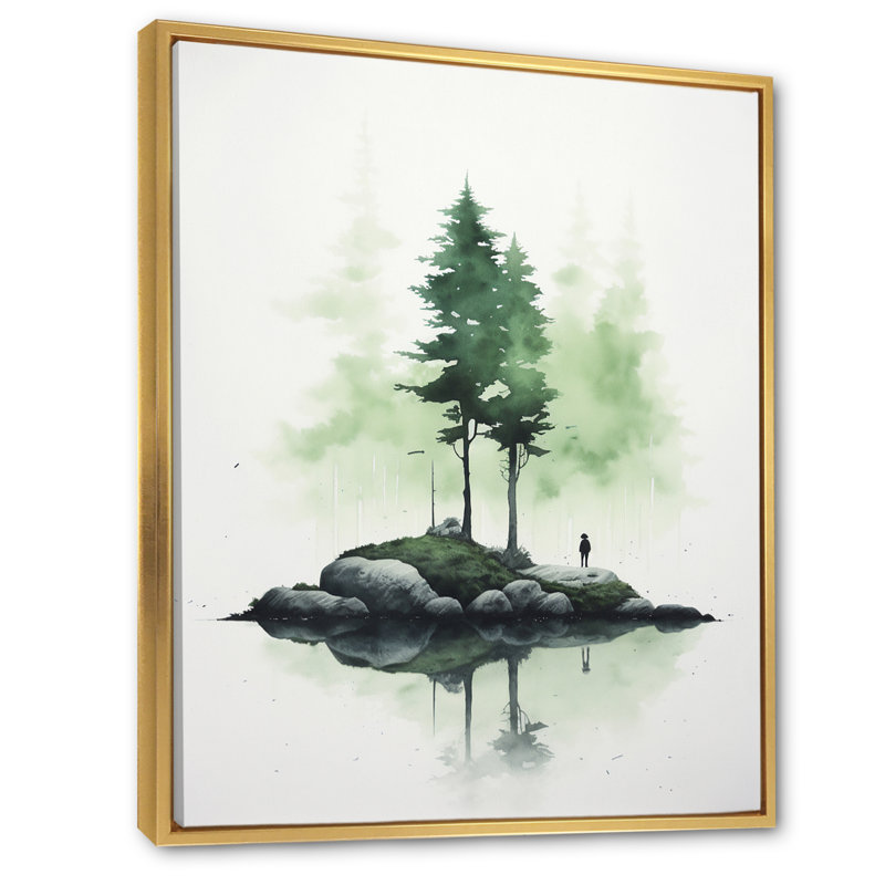 Pin, île, aquarelle minimale, vert tendre, H 20 po x l 12 po x P 1 po, Cadre flottant doré