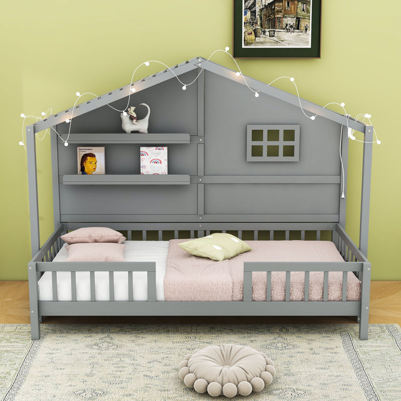 Twin Wooden House Bed With Shelves, Guardrails And Light Strip, Gray