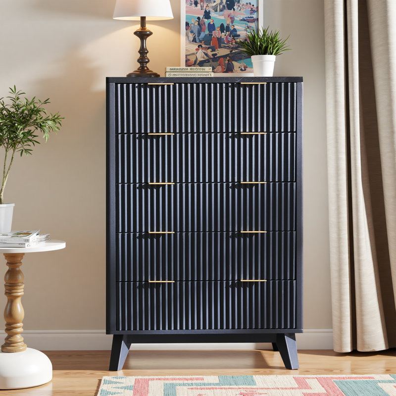 Modern 5 Drawer Dresser - Faux Marble Top & Curved Designsurface, Dark Gray
