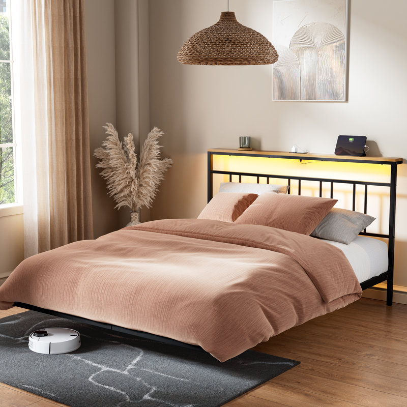 Floating Bed Frame with Storage Headboard,Modern Metal Platform Bed with LED & Charging Station,No Box Spring Needed, Full