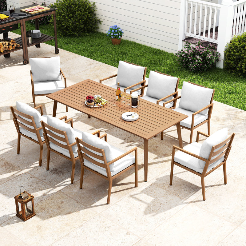 Michael 9-Piece Brown Aluminum Patio Dining Set With Rectangular Table And Light Gray Cushions