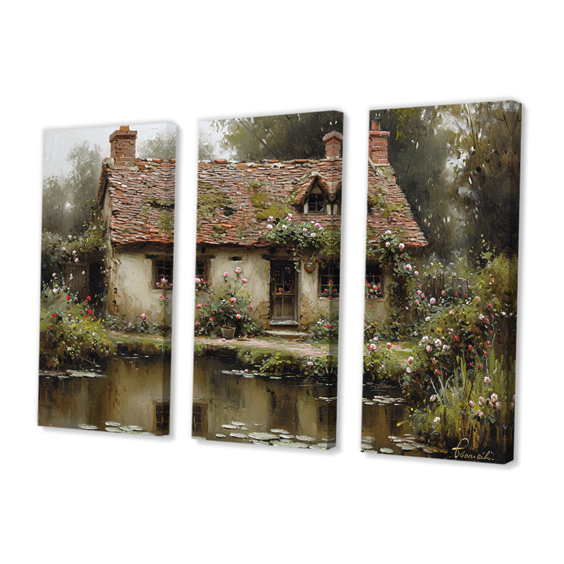Mystérieuse maison de campagne rustique près de l'étang - ensemble d'art mural imprimé campagne, Toile tendue