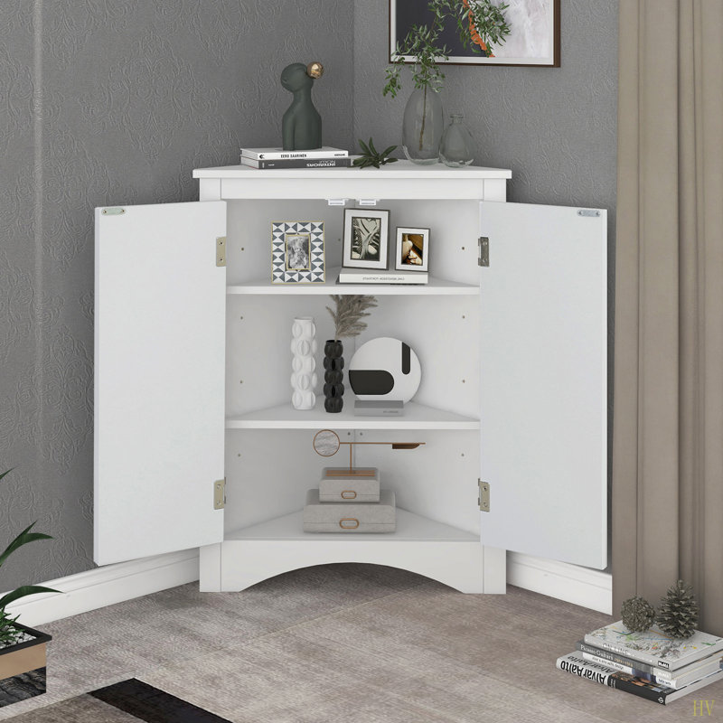 Triangle Bathroom Storage Cabinet With Adjustable Shelves, Freestanding Floor Cabinet For Home Kitchen, White