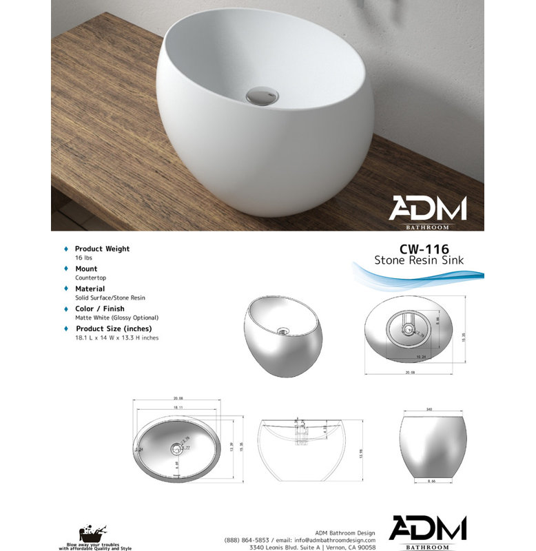 ADM Bathroom 14'' Resin Oval Bathroom Sink, Matte/White