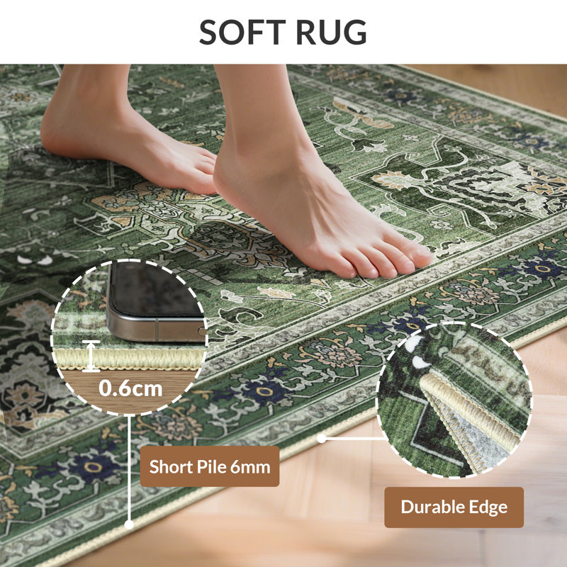 Oriental Area Rug, Vintage Low Pile Non-Slip Machine Washable Area Rug, Dark Green, Rectangle 160 x 230 cm