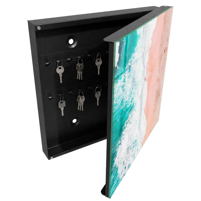 Wall mounted key box, Opens to the left, 30x30x5, White, Joyful waves against the pink sand, 