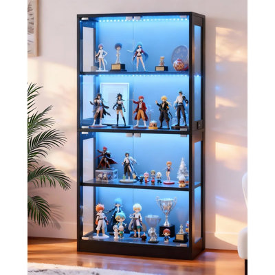 Vitrine H 65 "avec porte en verre, vitrine à 4 niveaux avec 7 couleurs pour objets de collection, noir