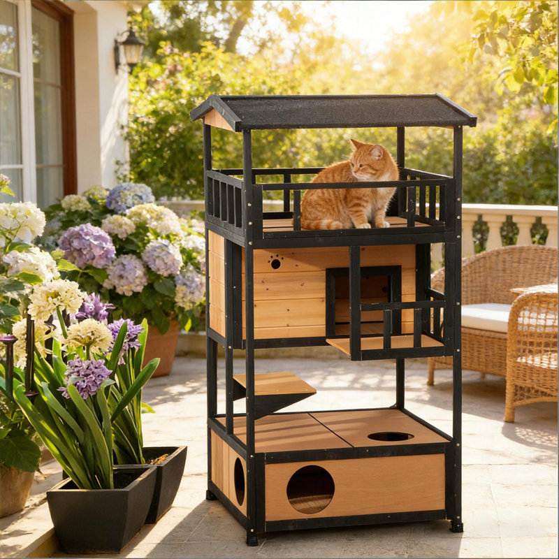 Maison pour animaux de compagnie, chat en bois pour l'extérieur, Noir, jaune