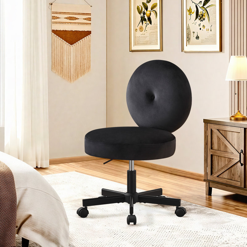 Chaise de bureau rembourrée sans accoudoirs, fauteuil de coiffeuse ergonomique à hauteur ajustable en velours, Noir
