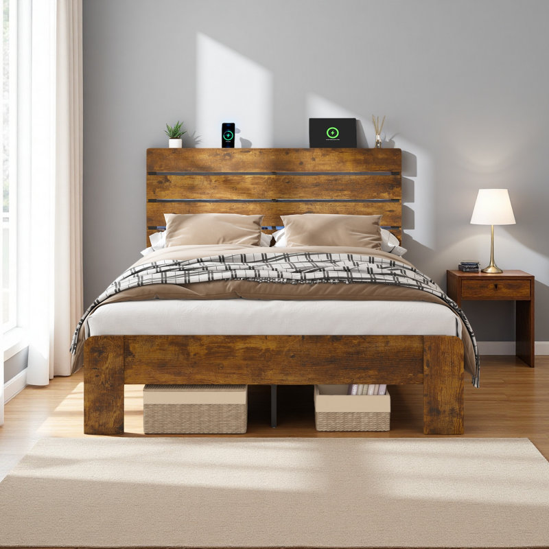 Cadre de lit avec tête et pied de lit, avec rangement sous le lit, lumières DEL, station de charge, système de support en métal d'une capacité de 1 200 lb, aucun sommier nécessaire, assemblage facile