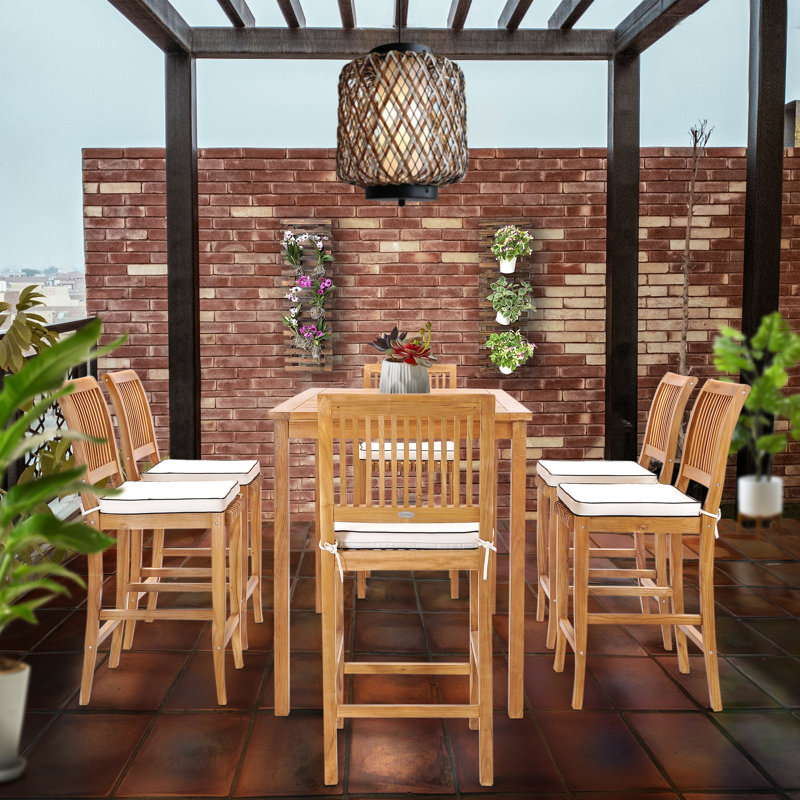 Ensemble de bar bistro rectangulaire en bois de teck 7 pièces 63 po avec 7 tabourets de bar 7 pièces