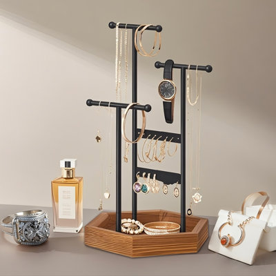 Porte-bijoux, organisateur de bijoux, 3 niveaux et 1 plateau, présentoir à bijoux avec cadre en métal