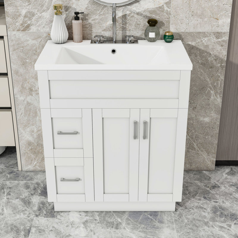 Meuble-lavabo autoportant élégant avec charnières à fermeture en douceur, rangement réglable et lavabo en résine