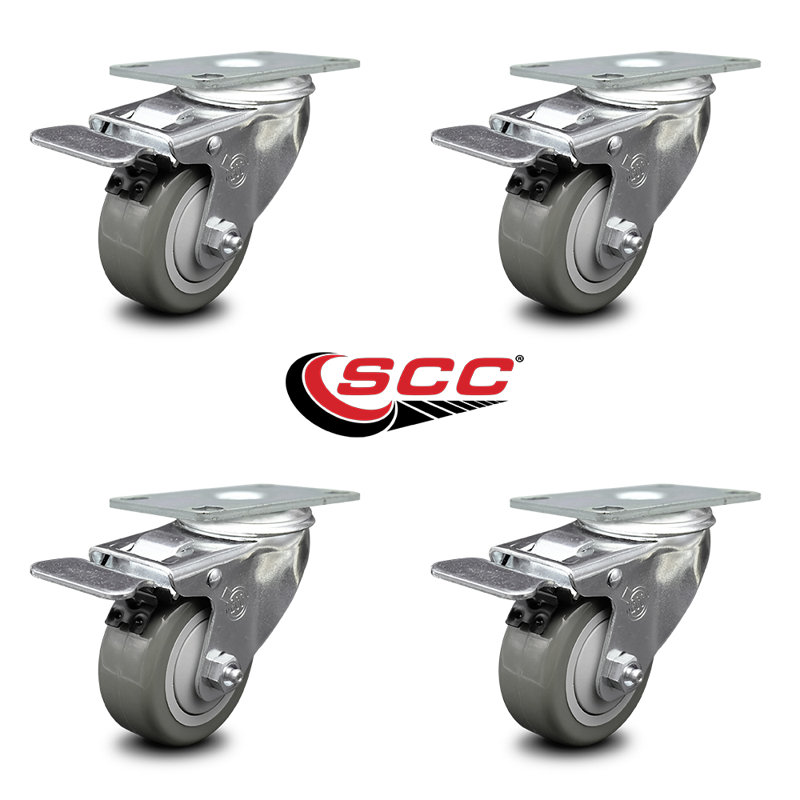 3.5 Inch Polyurethane Swivel Top Plate Caster Set with Total Lock Brake, Grey