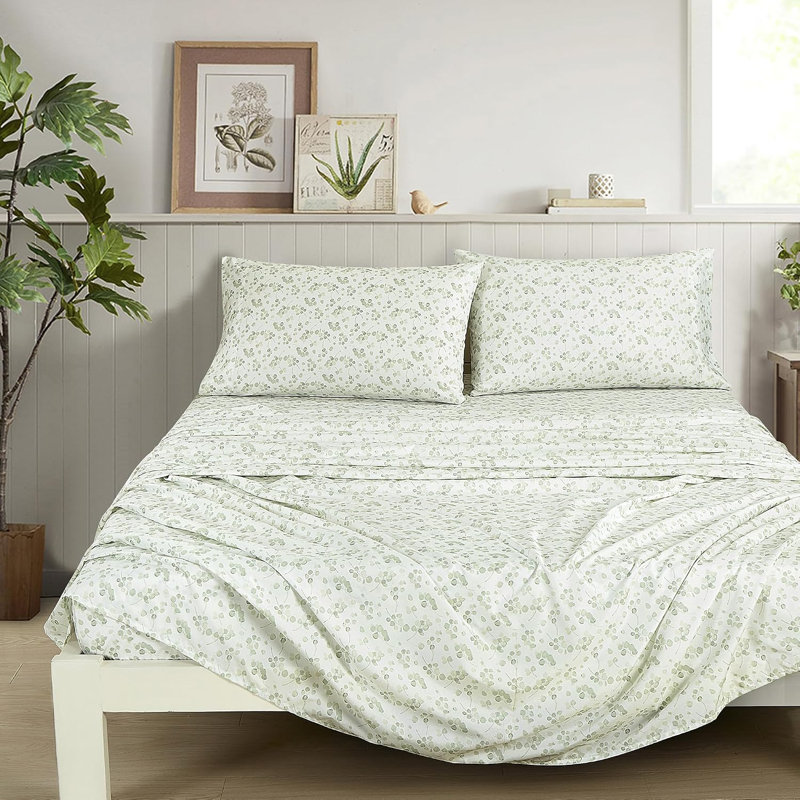 Ensemble de draps en microfibre à imprimé floral, Lit simple, Douces fleurs vertes