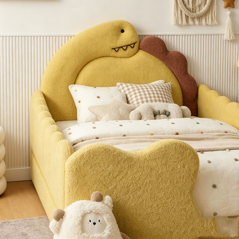 Lit simple pour enfant en forme de dinosaure avec barrière de sécurité, Yellow