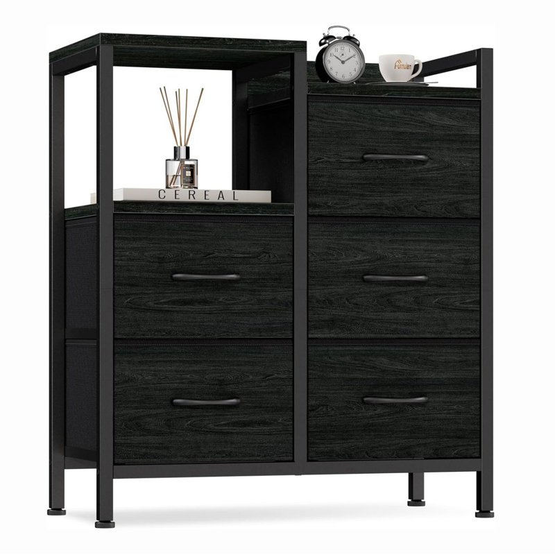 Small Nightstand with 2-Tier Open Shelf and 5 Fabric Drawers, Black