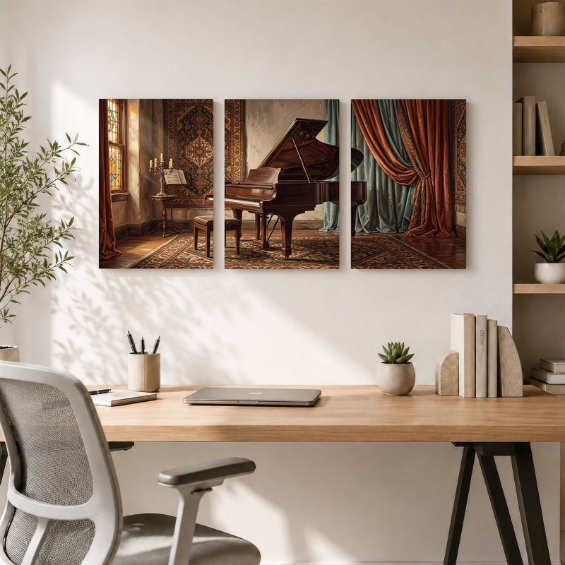 Grand piano dans une pièce antique avec vitrail, ensemble de 3 toiles, H 30 po x l 20 po x 3 pièces