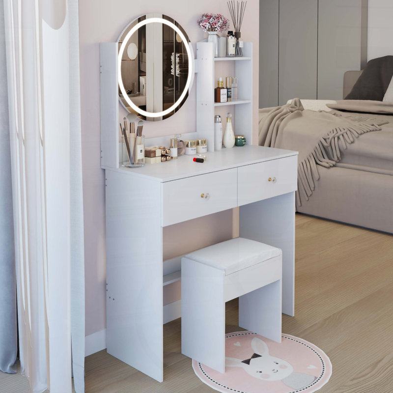 Ensemble de meuble-lavabo rond 17 "à DEL avec tabouret rembourré, Blanc