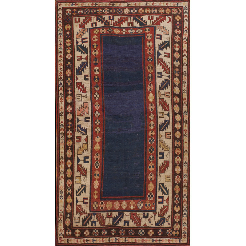 Open Blue Field Antique Tribal Geometric Caucasian Talish Rug