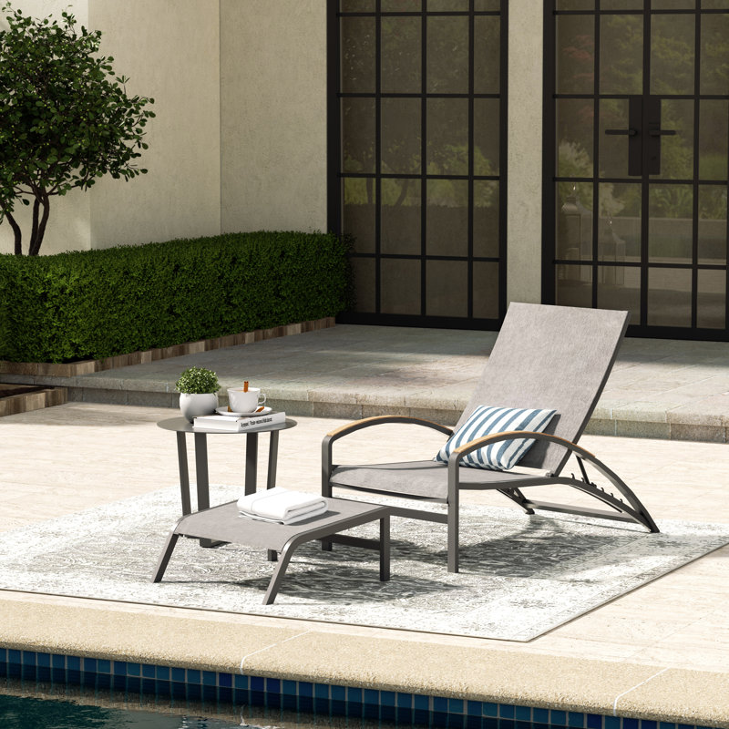 Patio Aluminum Chaise Lounge Set With Ottoman, Phifertex Sling Fabric And Side Table