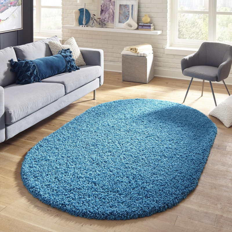 Tapis bleu à poil long fabriqué à la machine Alexandrew, Ovale 3 pi 3 po x 5 pi 3 po