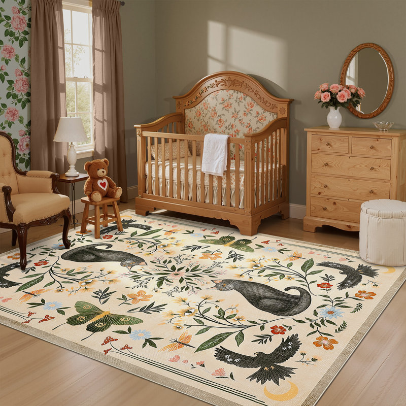 Vintage Cute Cat Machine Washable Rug with Rubber Backing for Living Room Stain Resistant Non-Slip Dining Room Rug Easy-Cleaning Floor Carpet for Bedroom