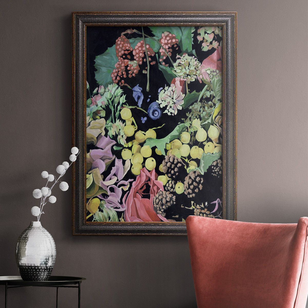 Charlton Home® Floral on Black II - Picture Frame Print on Canvas | Wayfair