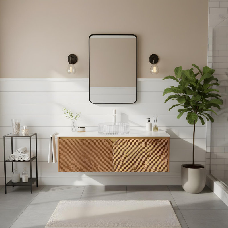 Meuble-lavabo à tiroir avec poignées et capteur de lumière, Chêne brun, 48", Clair