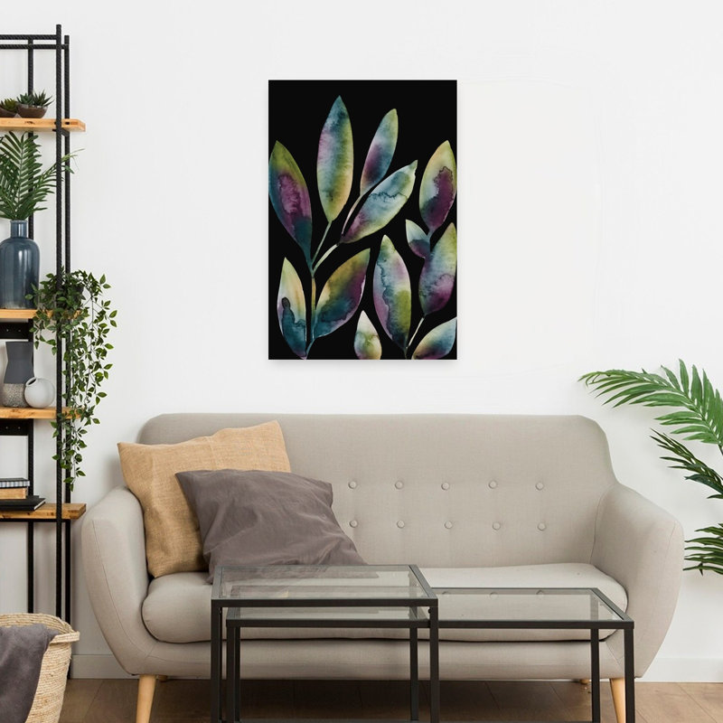 Aquarelle, feuilles, noir, 1, abstrait, contemporain, plante naturelle, art mural, 24" H x 16" W